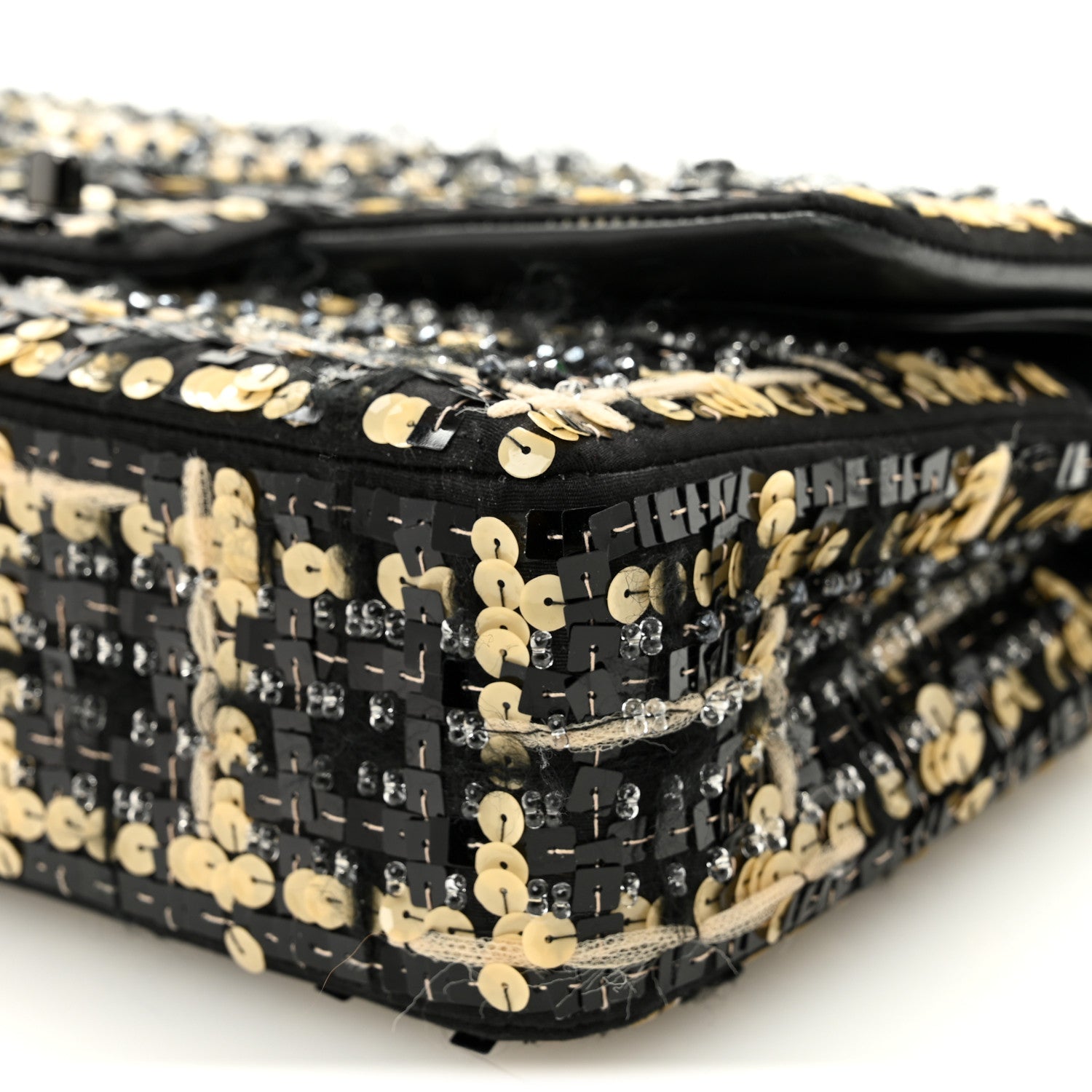 Chanel Satin Sequin Embroidered Medium Double Flap Black 10 of 12