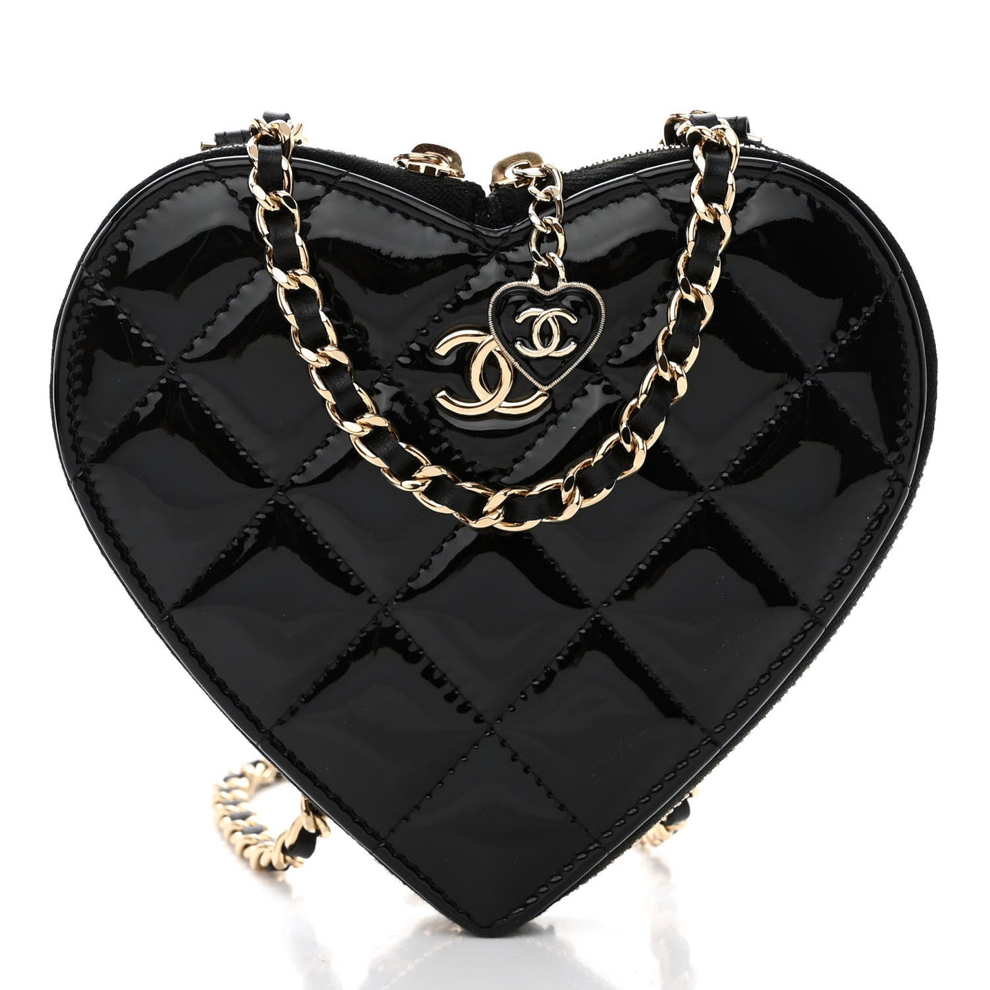 Patent Calfskin Resin Quilted CC Heart Clutch With Chain Black