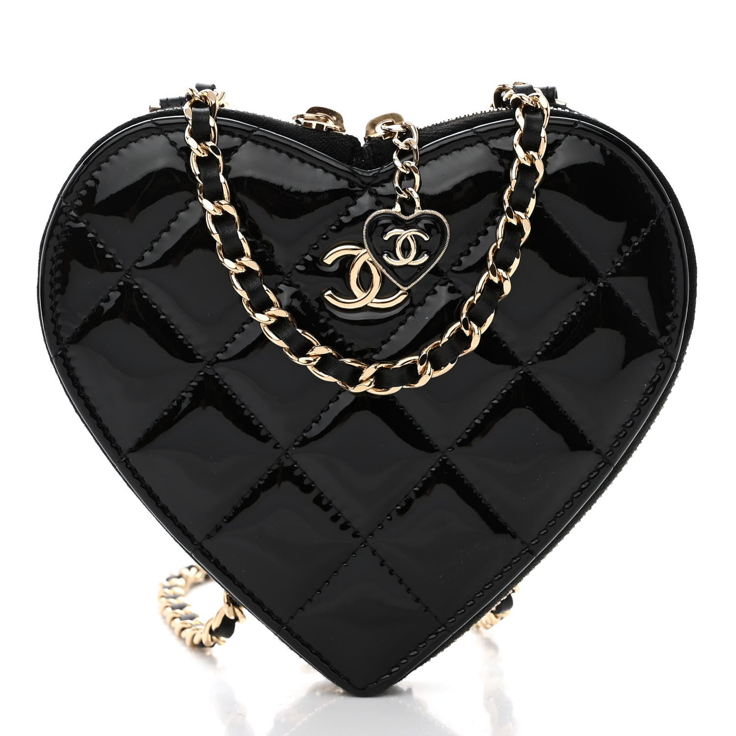 Chanel Patent Calfskin Resin Quilted CC Heart Clutch With Chain Black 3 of 12
