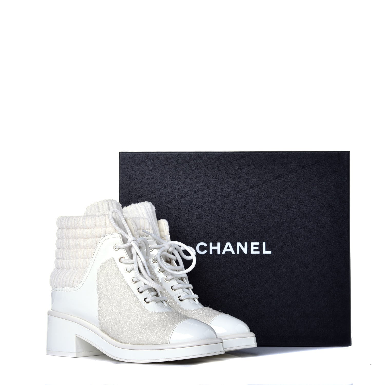 Chanel Tweed Patent Calfskin Velvet Lace Up Boots 37 White 10 of 10
