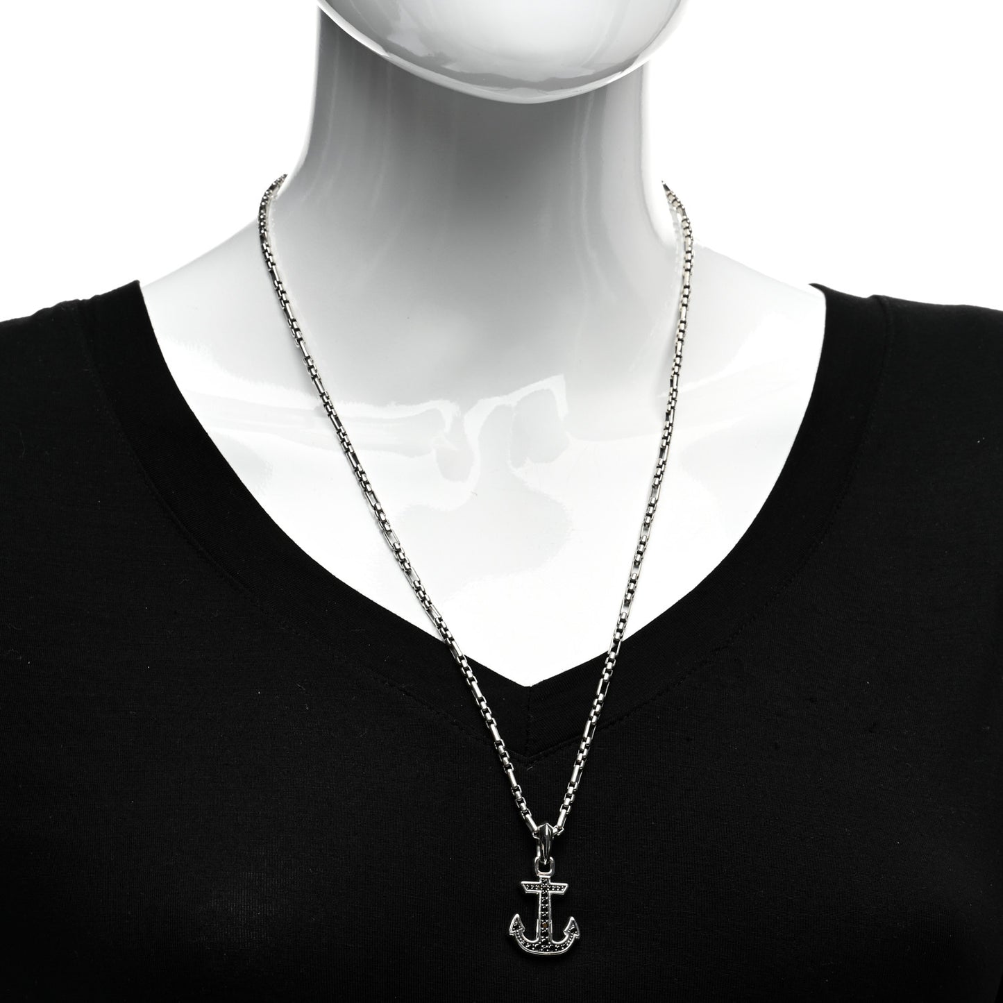Sterling Silver Black Diamond Maritime Anchor Amulet Pendant Necklace