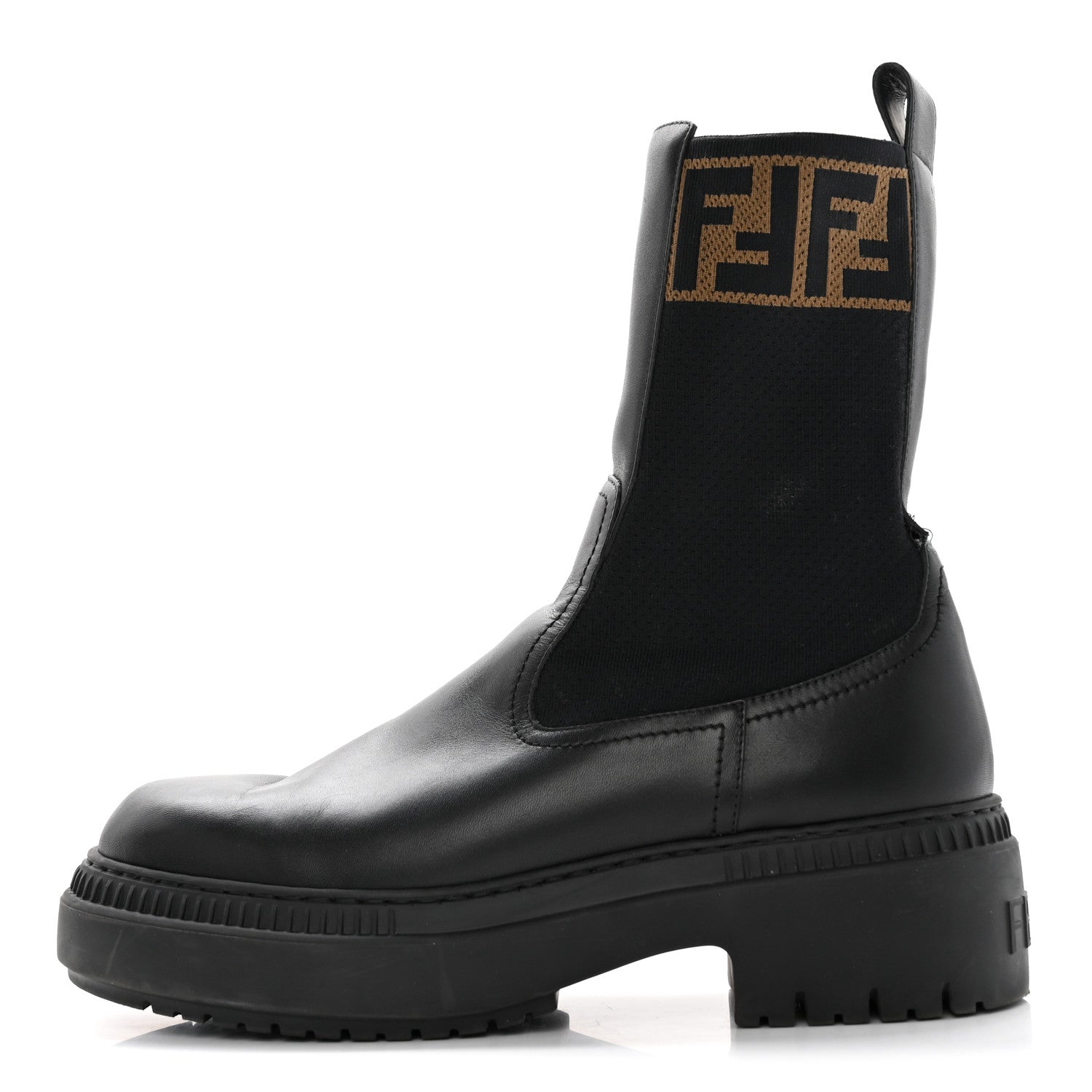 Fendi Fabric Jacquard FF Calfskin Domino Chelsea Boots 39 Black Tobacco 1 of 18