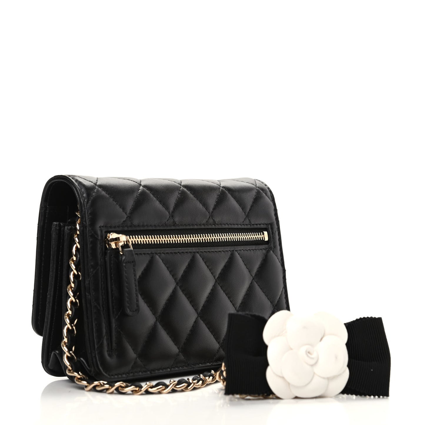 Lambskin Quilted Mini Camellia Bow Wallet On Chain WOC Black