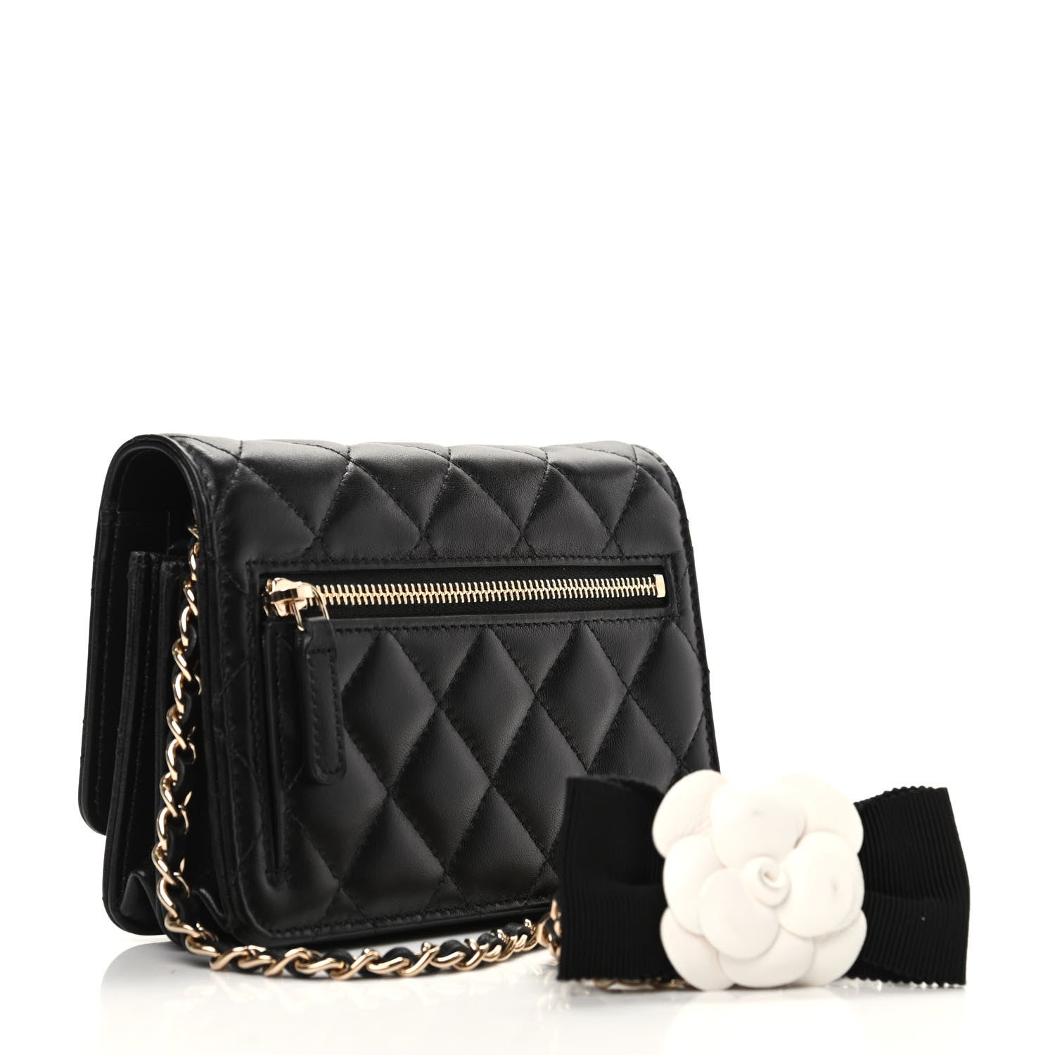 Chanel Lambskin Quilted Mini Camellia Bow Wallet On Chain WOC Black 2 of 9