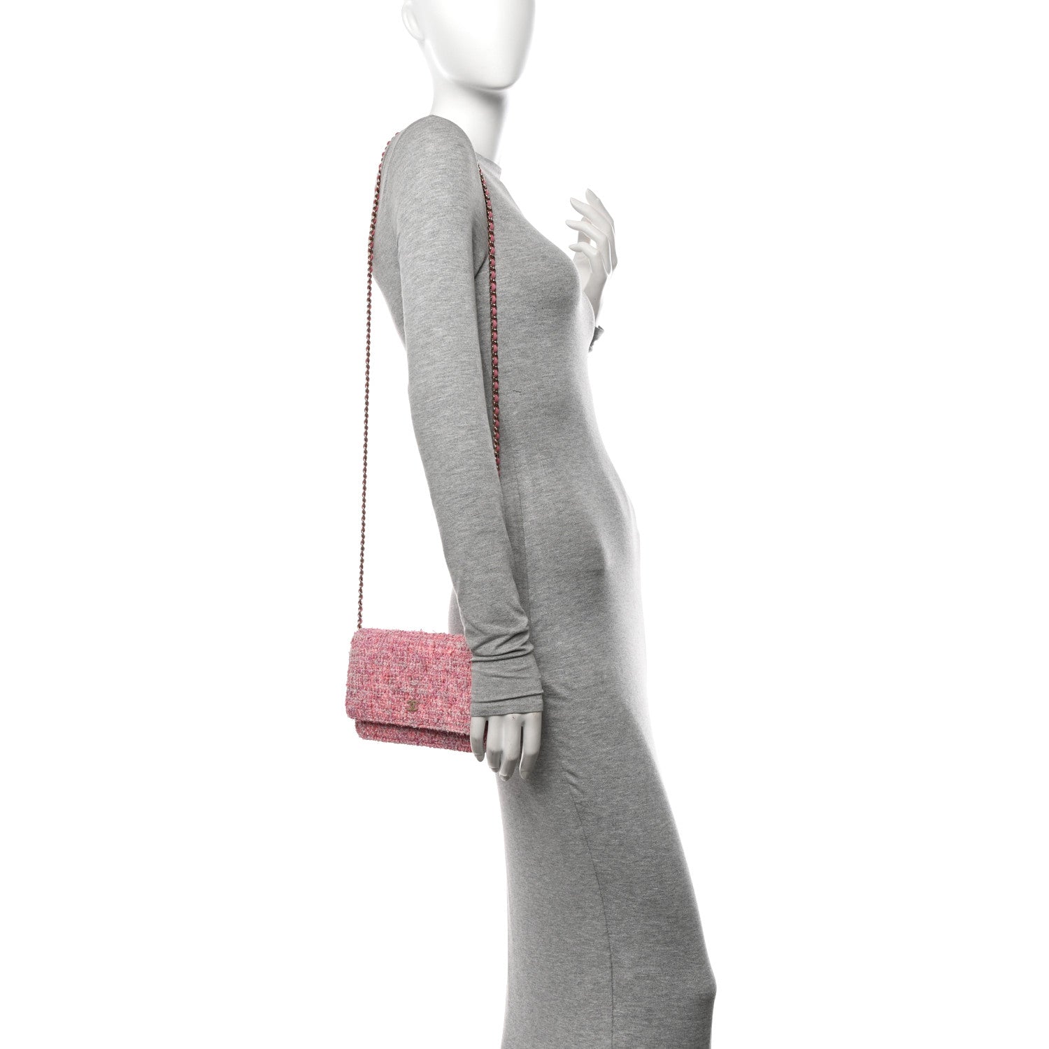 Chanel Tweed Quilted Wallet On Chain WOC Pink 2 of 12