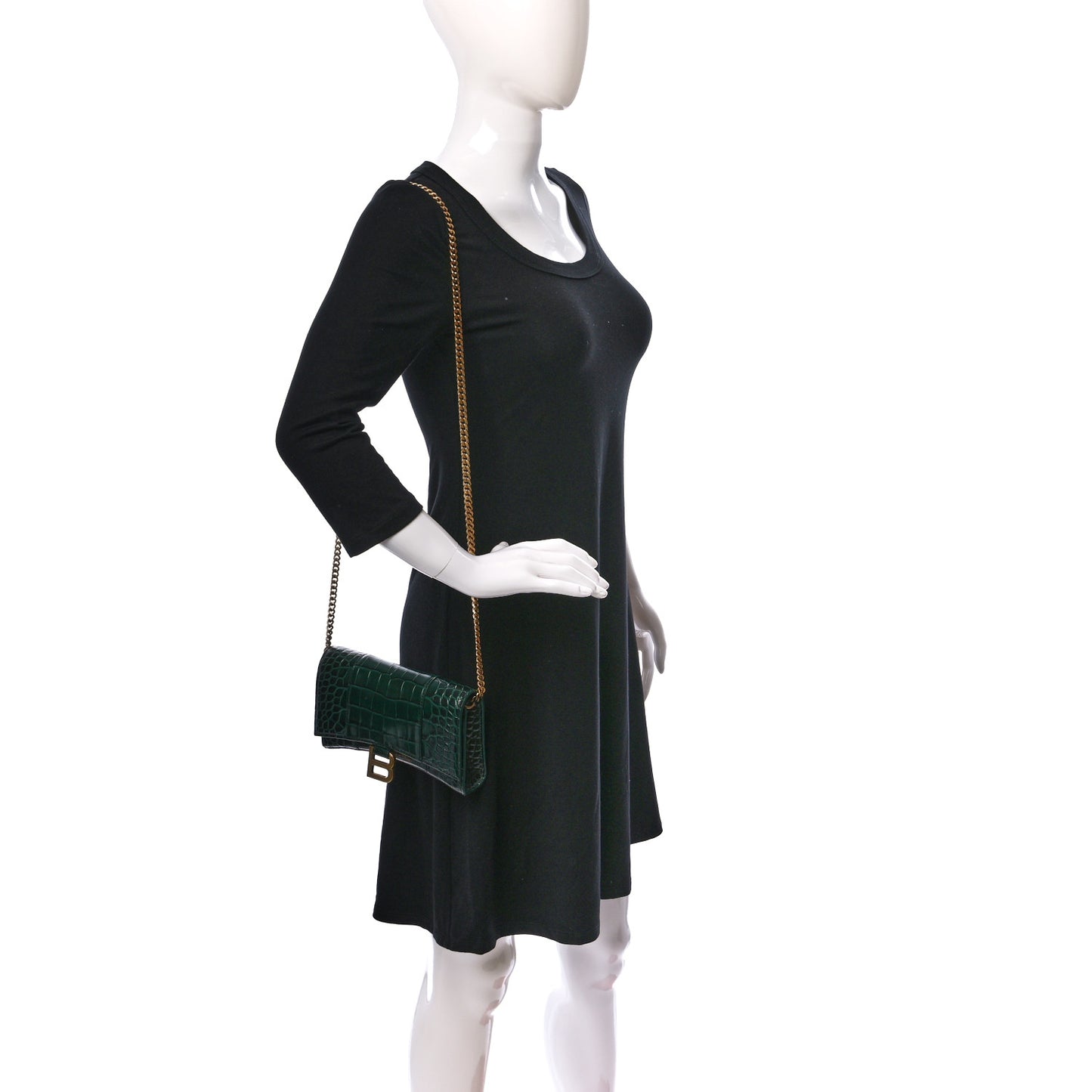 Shiny Calfskin Crocodile Embossed Hourglass Chain Bag Forest Green