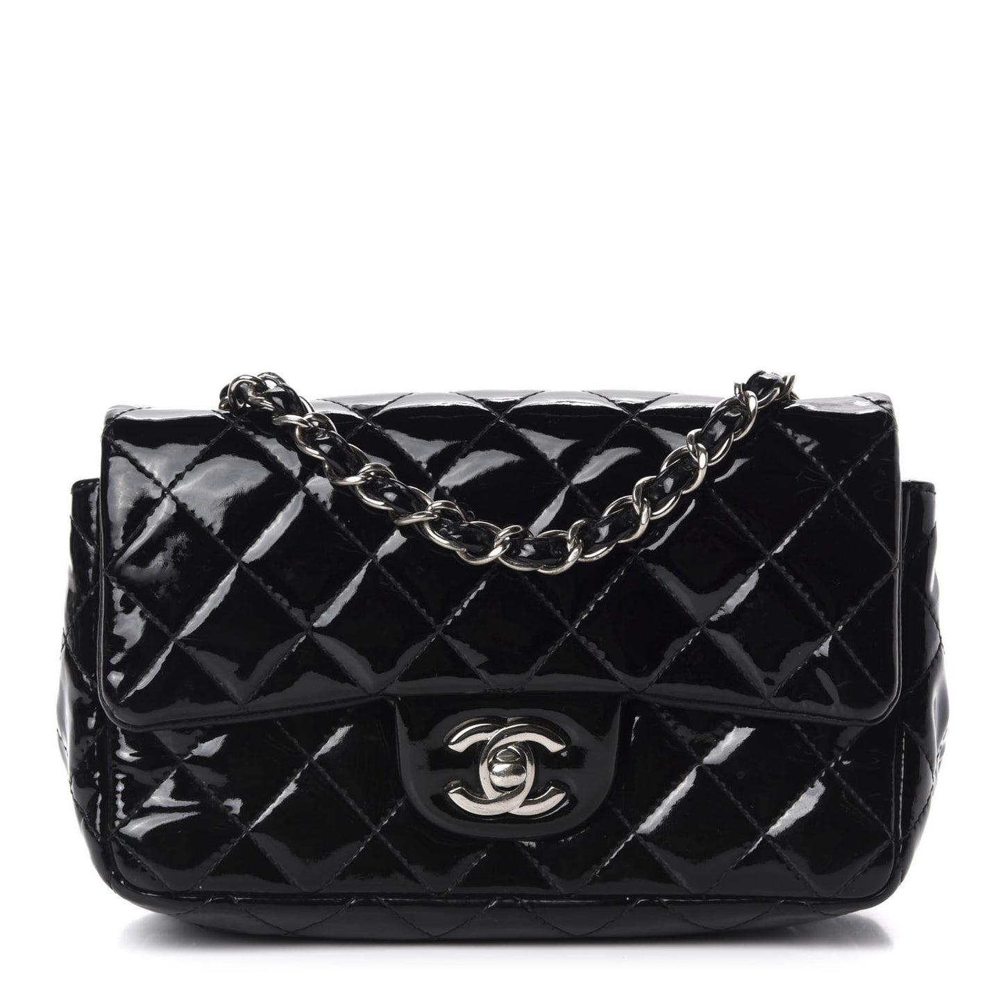 Patent Calfskin Quilted Mini Rectangular Flap Black