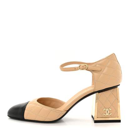 Chanel Lambskin Quilted Cap Toe Mary Jane Pumps 40 Beige Black 1 of 9