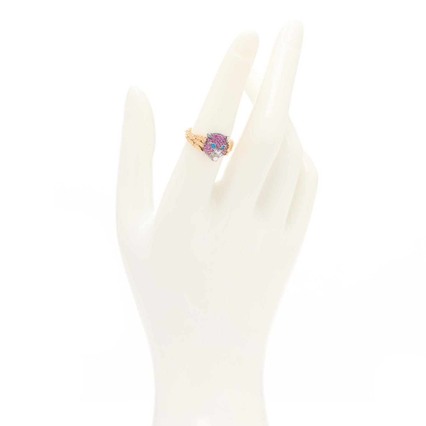 18K Yellow Gold Sterling Silver Pink Sapphire Topaz Mother of Pearl Le Marche Des Merveilles Feline Ring 53 6.25