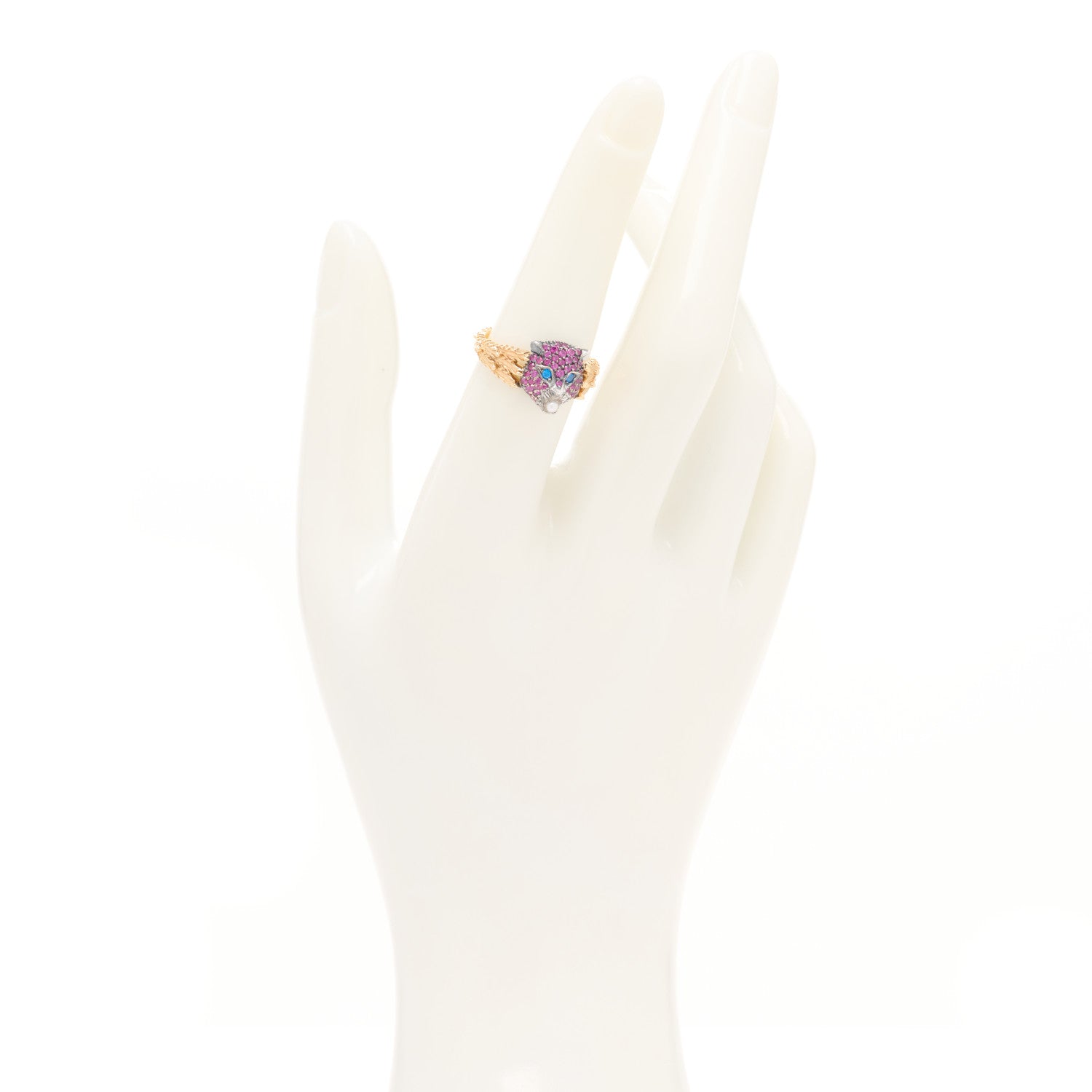 Gucci 18K Yellow Gold Sterling Silver Pink Sapphire Topaz Mother of Pearl Le Marche Des Merveilles Feline Ring 53 6.25 2 of 6
