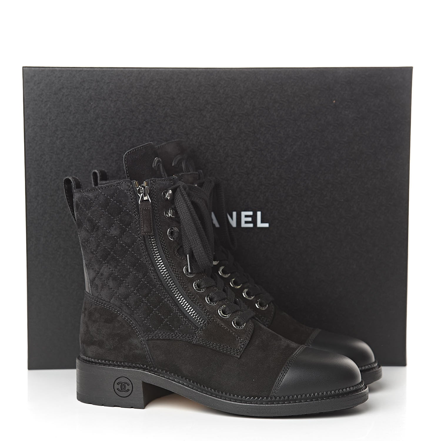 Chanel Suede Quilted CC Lace Up Combat Boots 37.5 Black 8 of 8