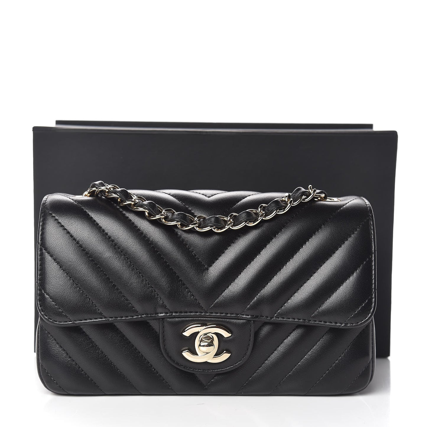Lambskin Chevron Quilted Mini Rectangular Flap Black