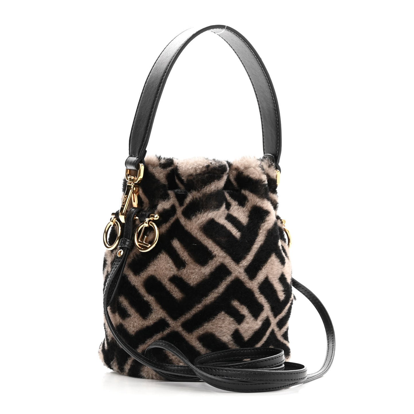 Shearling F is Fendi Macro FF 1974 Diagonal Mini Mon Tresor Bucket Bag Dove Black