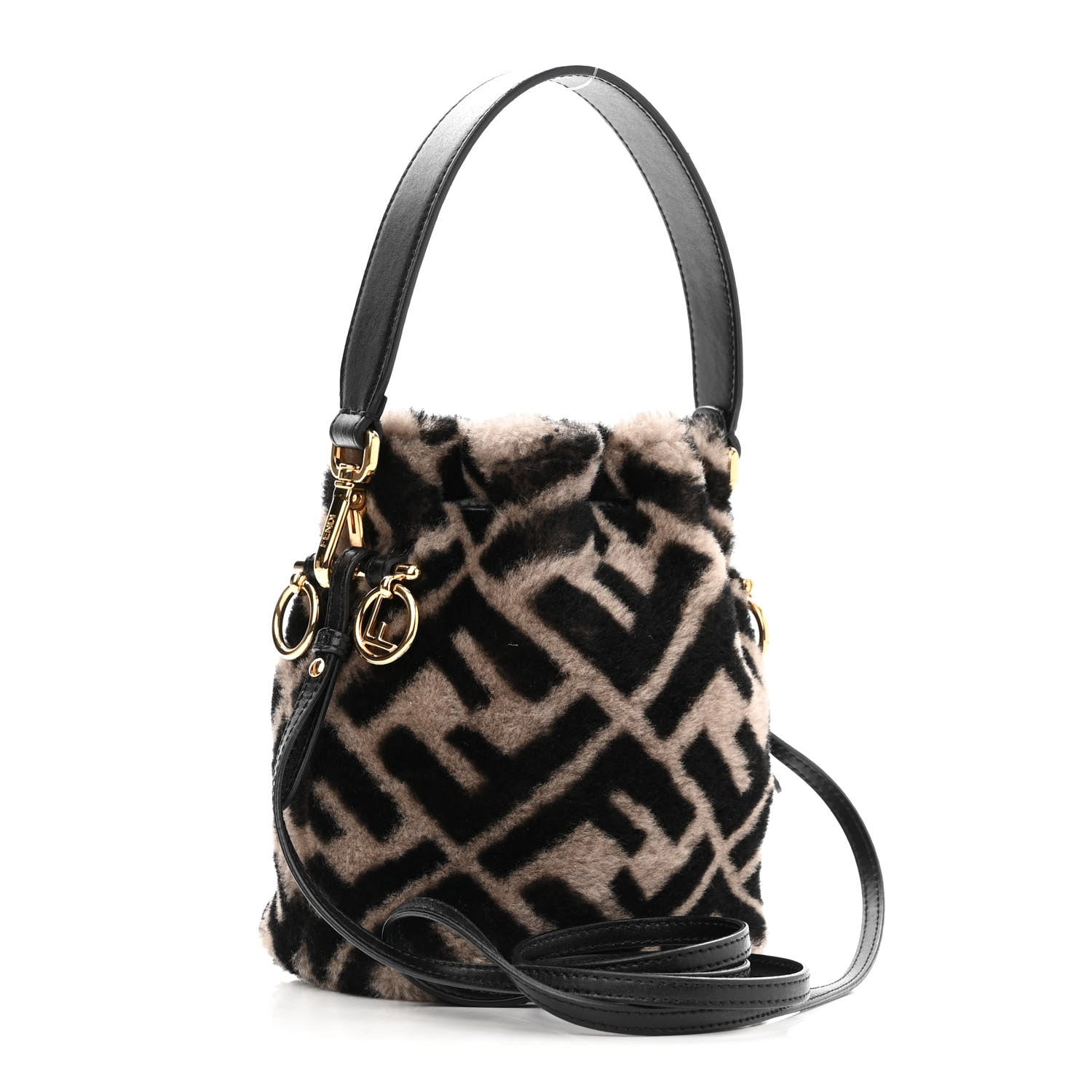 Fendi Shearling F is Fendi Macro FF 1974 Diagonal Mini Mon Tresor Bucket Bag Dove Black 4 of 12