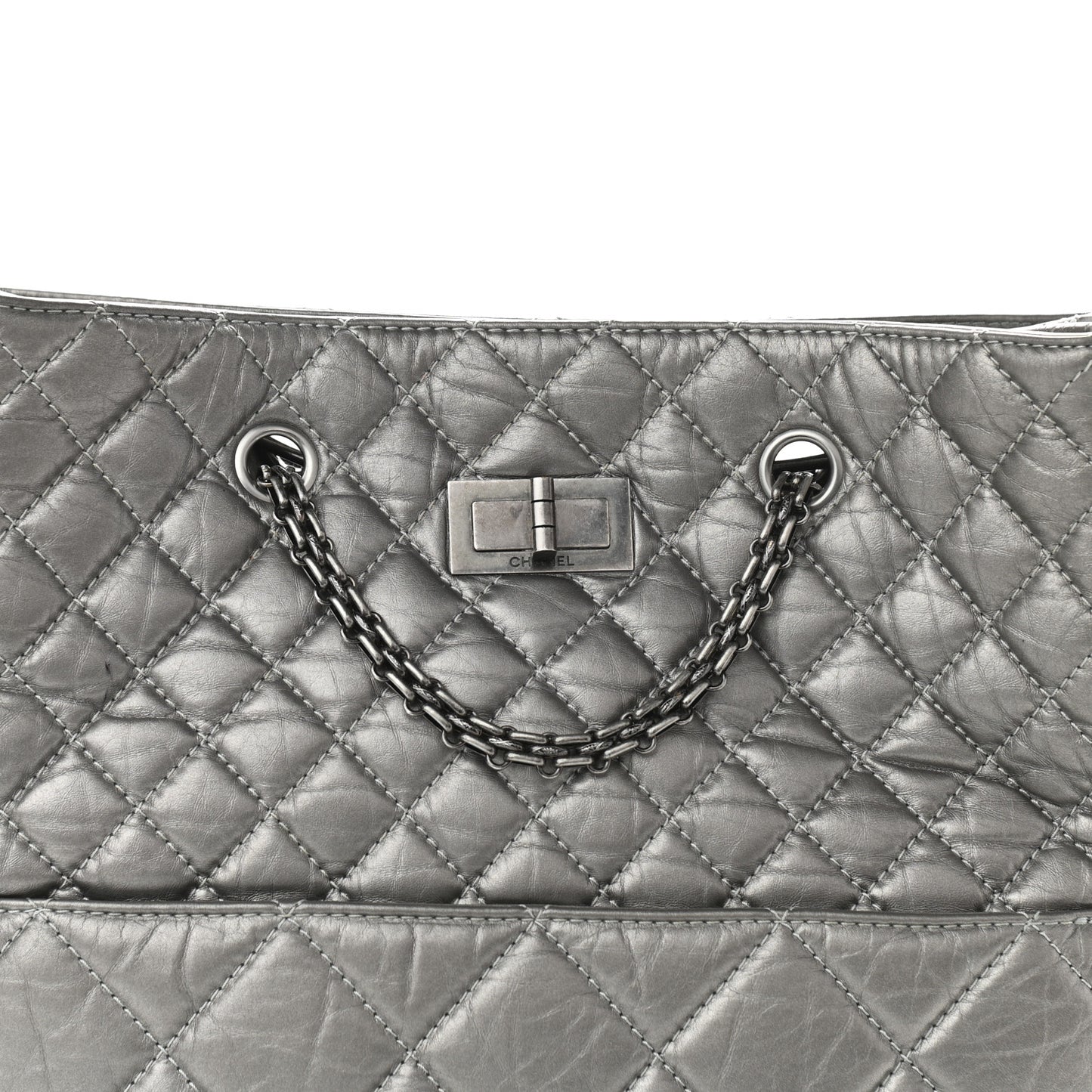 Metallic Aged Calfskin Quilted Reissue 2.55 Tote Dark Grey