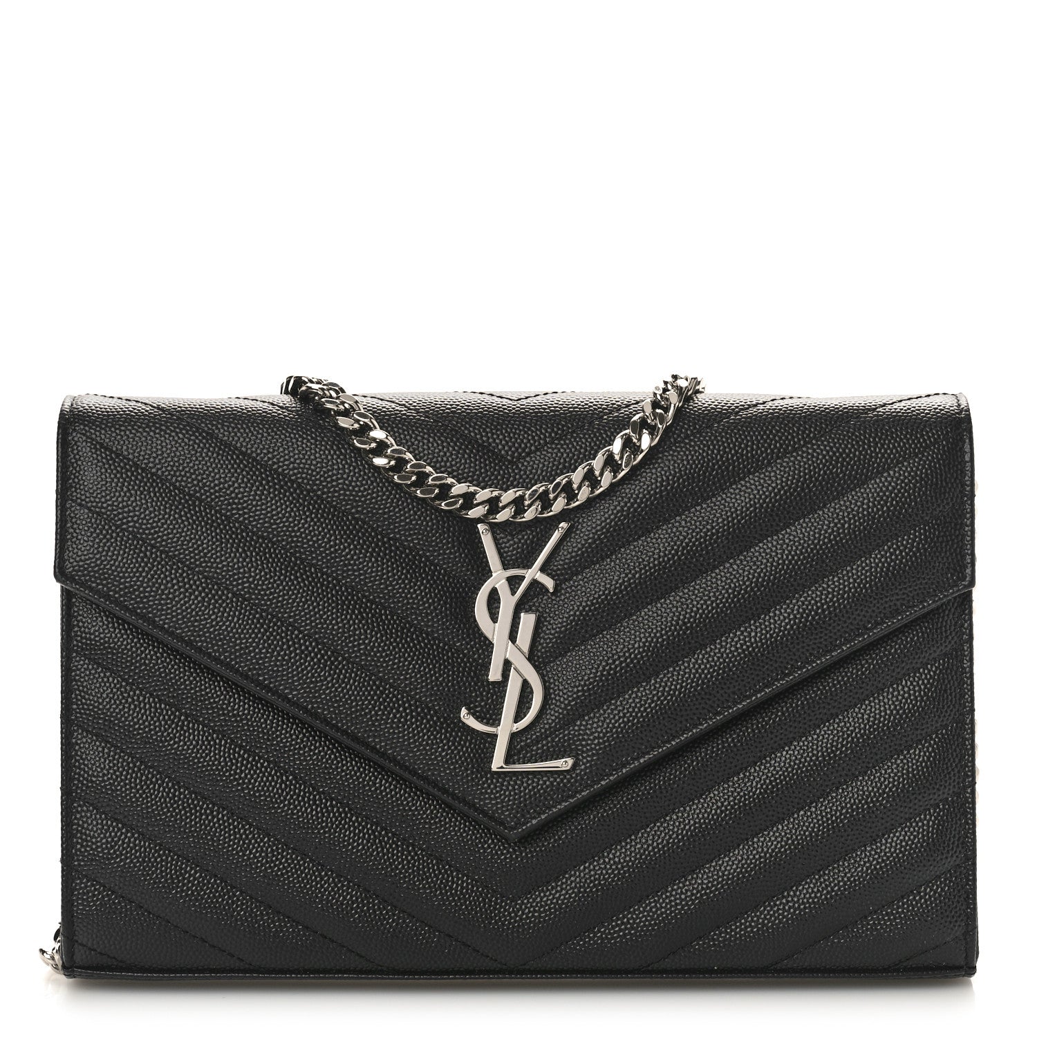 Saint Laurent Grain De Poudre Matelasse Chevron Monogram Chain Wallet Black 1 of 9