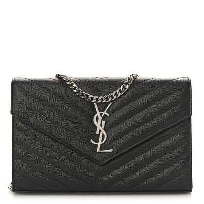 Saint Laurent Grain De Poudre Matelasse Chevron Monogram Chain Wallet Black 1 of 9
