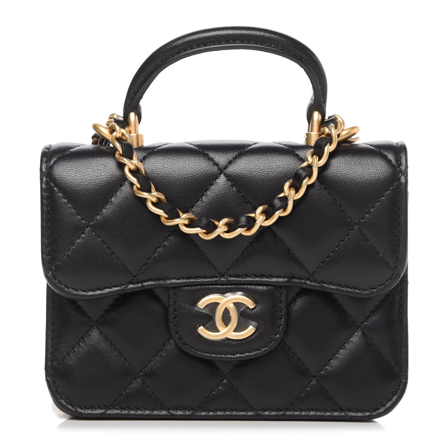 Lambskin Quilted Top Handle Flap Coin Purse With Chain Black