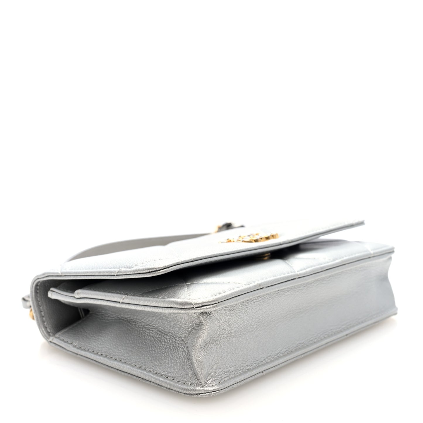 Metallic Lambskin Quilted Chanel 19 Wallet On Chain WOC Silver
