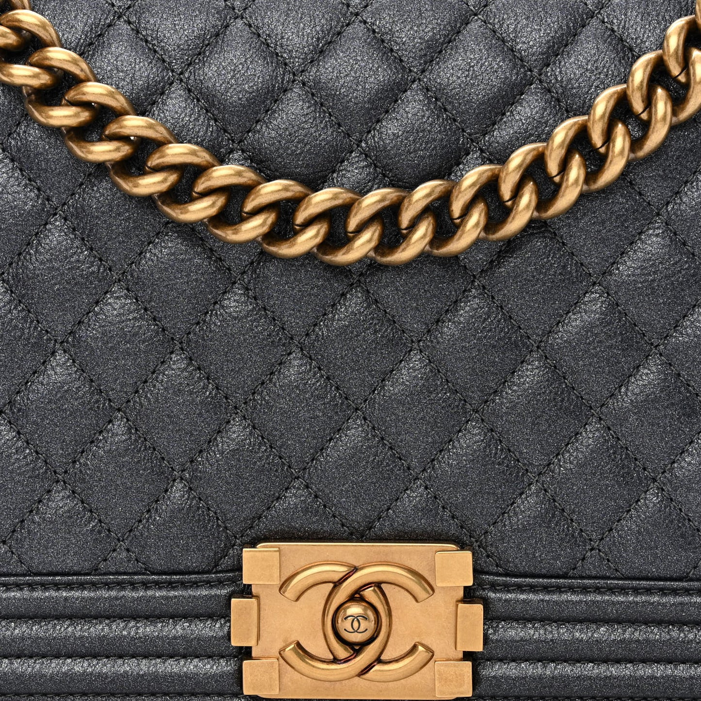 Metallic Calfskin Quilted New Medium Boy Flap Charcoal