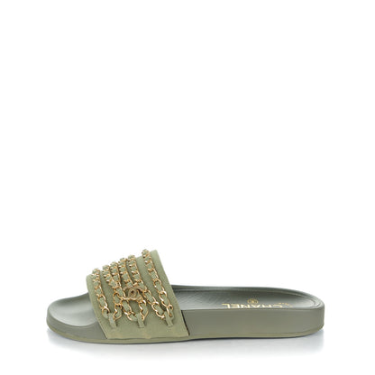 Chanel Canvas Chain Flat Sandals 39 Khaki 1 of 7