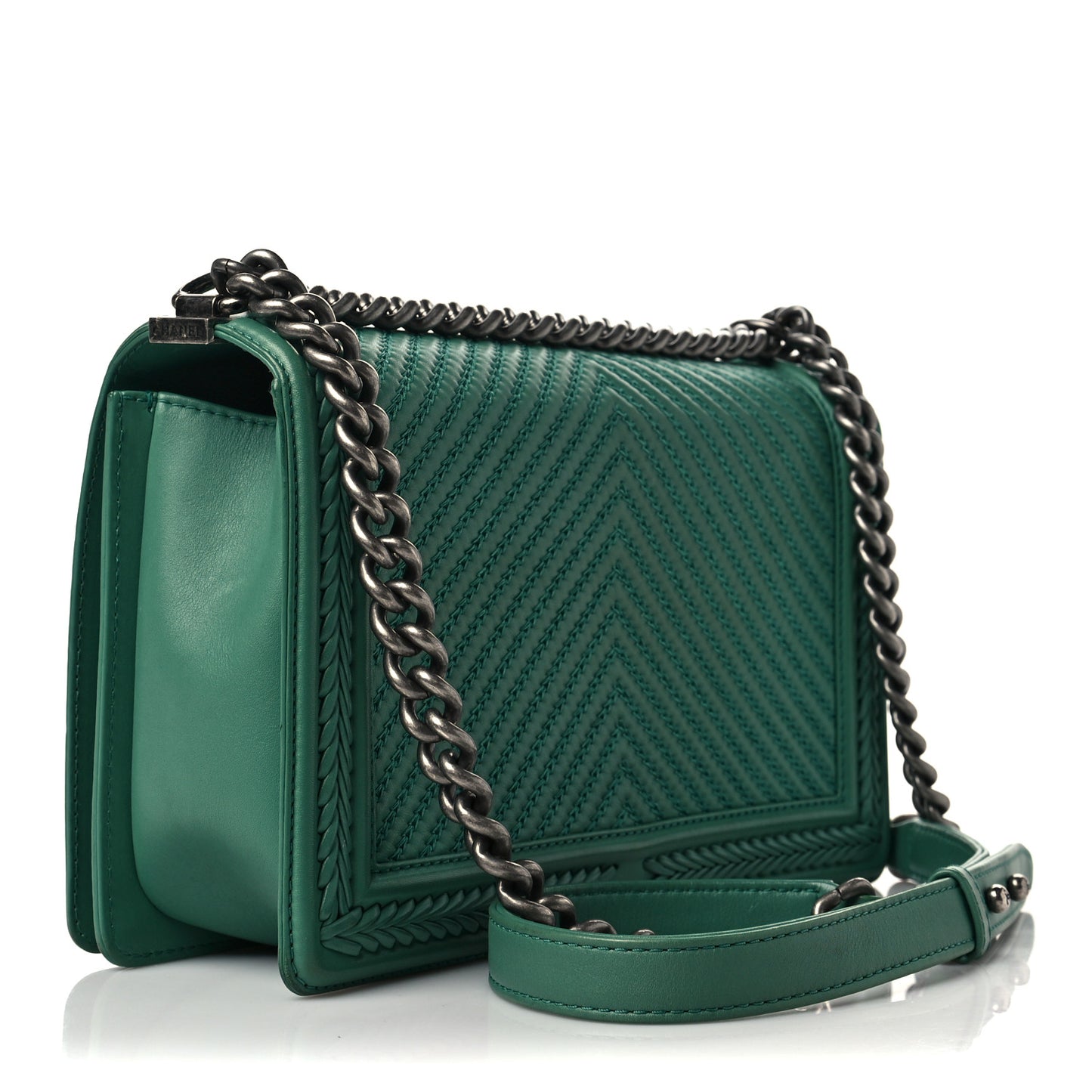 Calfskin Chevron Quilted New Medium Braided Boy Flap Green