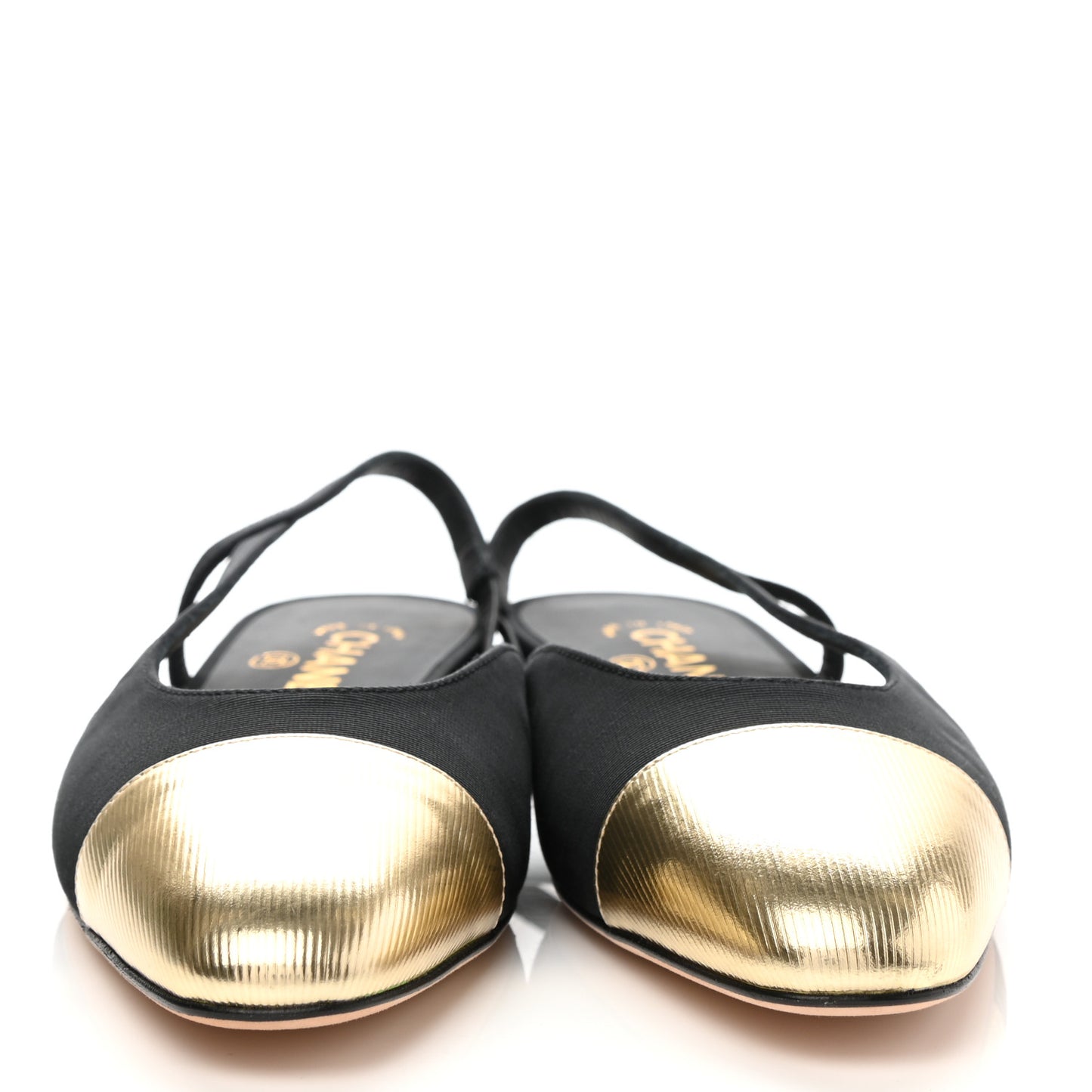Laminated Lambskin Grosgrain Cap Toe CC Slingback Flats 37.5 Black Gold