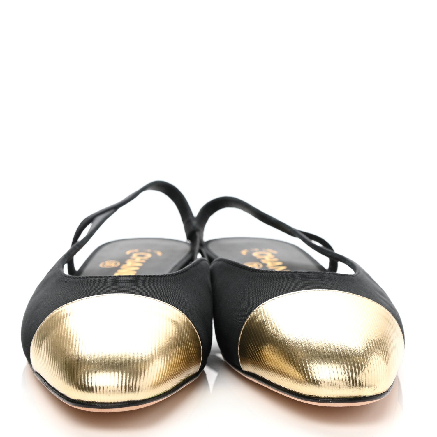 Chanel Laminated Lambskin Grosgrain Cap Toe CC Slingback Flats 37.5 Black Gold 2 of 8