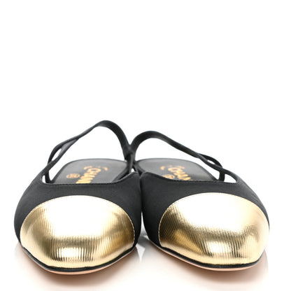 Chanel Laminated Lambskin Grosgrain Cap Toe CC Slingback Flats 37.5 Black Gold 2 of 8