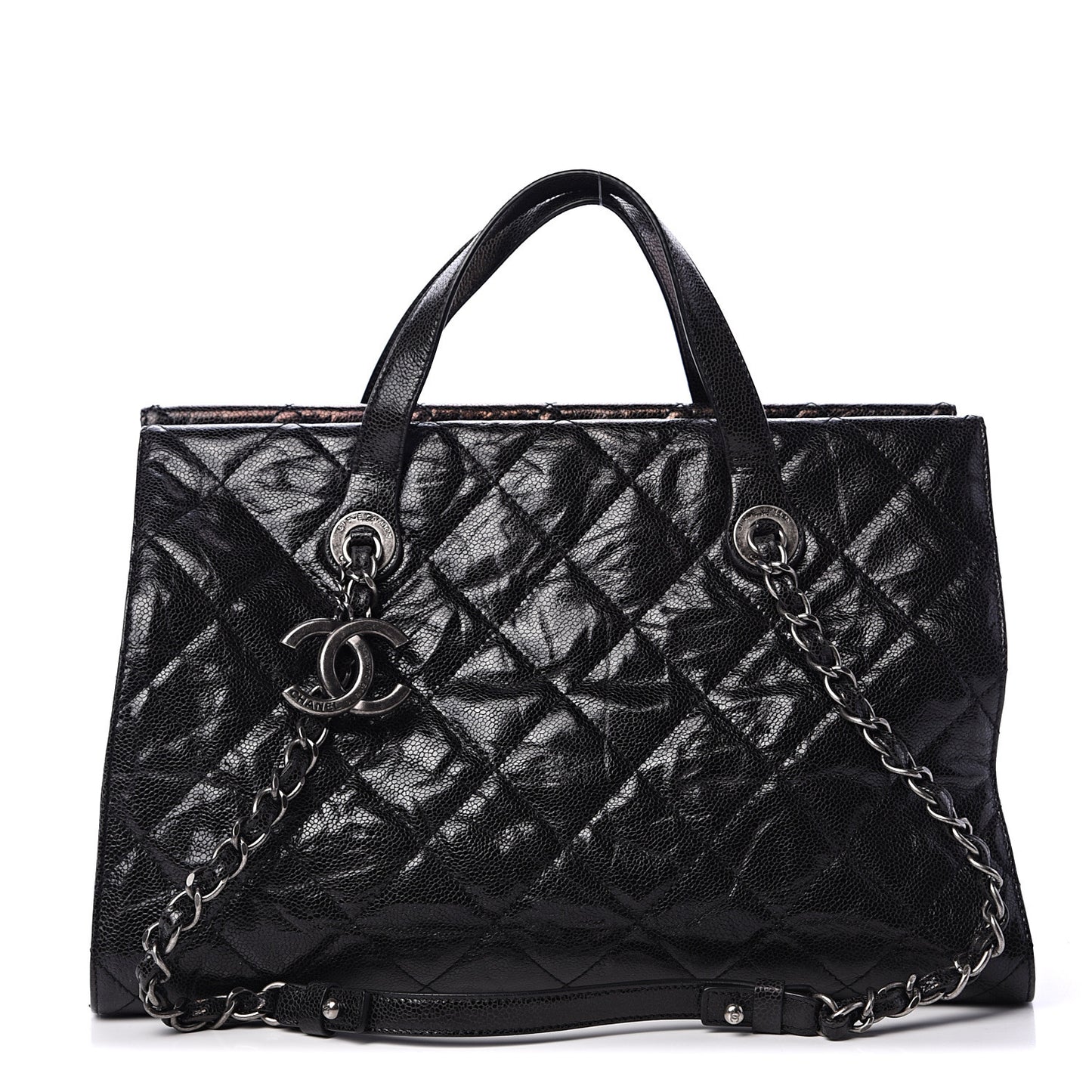 Crumpled Grained Calfskin Quilted CC Crave Tote Black