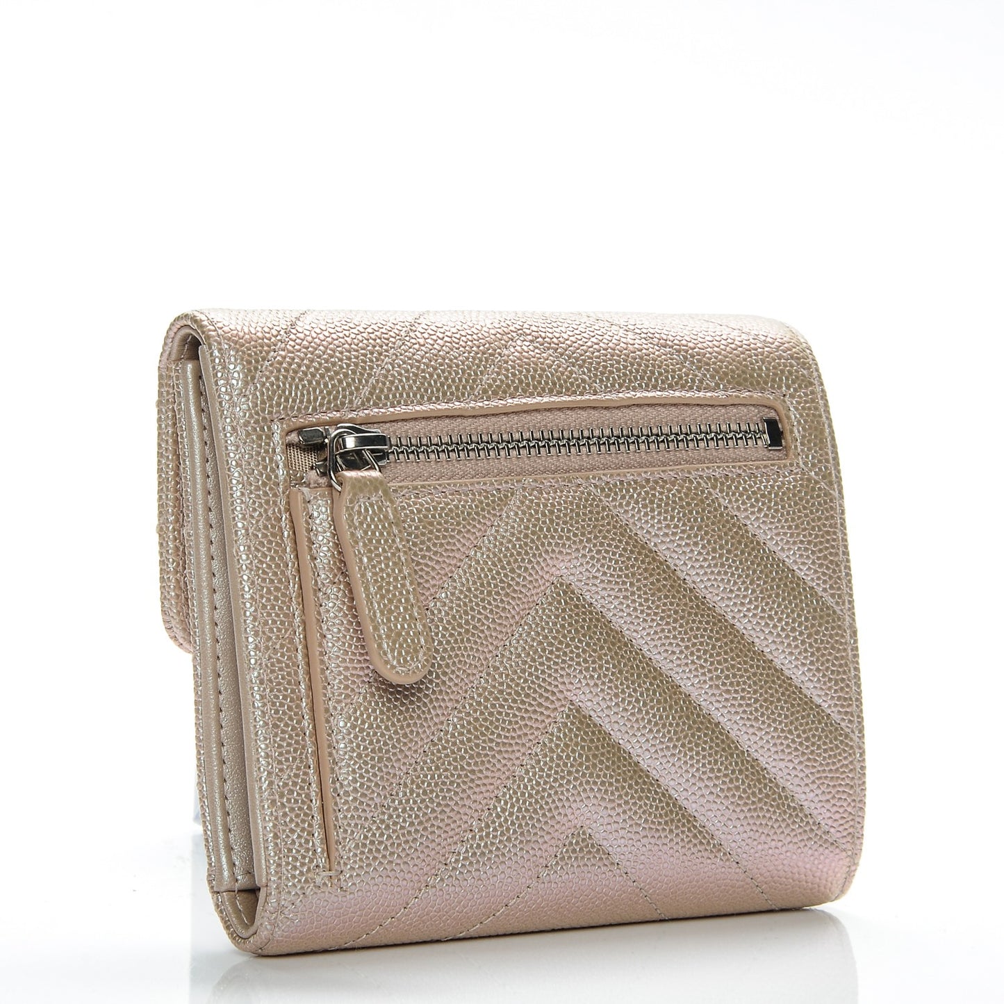 Metallic Caviar Chevron Quilted Compact Flap Wallet Light Gold