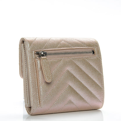 Chanel Metallic Caviar Chevron Quilted Compact Flap Wallet Light Gold 3 of 10