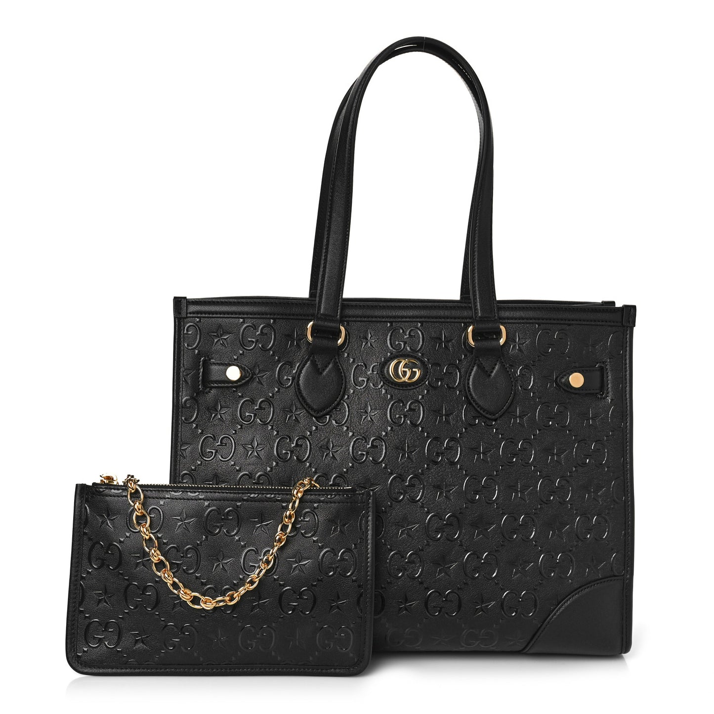Wonka Grain Calfskin GG Monogram Star Embossed Medium GG Tote Black