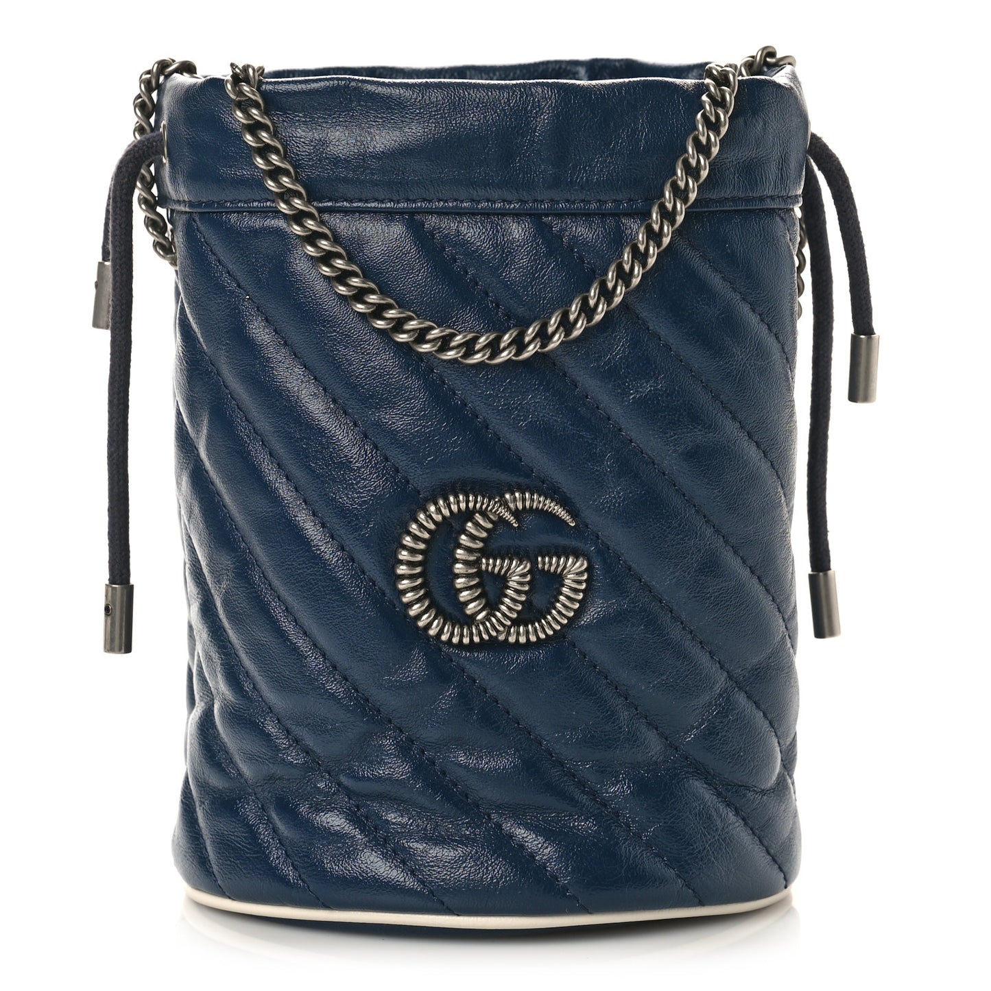 Vintage Effect Calfskin Matelasse Diagonal Mini Torchon GG Marmont 2.0 Bucket Bag Blue Agata Mystic White