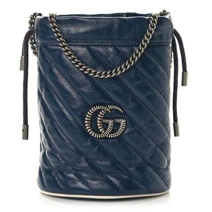 Gucci Vintage Effect Calfskin Matelasse Diagonal Mini Torchon GG Marmont 2.0 Bucket Bag Blue Agata Mystic White 1 of 10