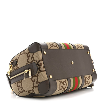 Gucci Monogram Jumbo GG Textured Dollar Calfskin Web Medium Duffle Bag Camel Ebony 3 of 9