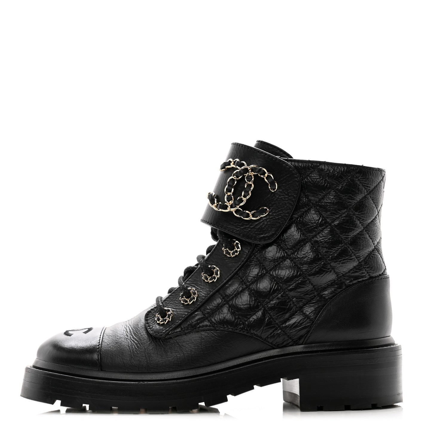Shiny Goatskin Calfskin Quilted Lace Up Combat Boots 37 Black