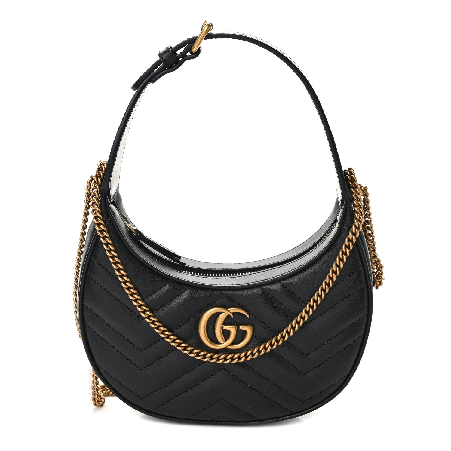 Gucci Calfskin Matelasse Chevron Mini GG Marmont Half Moon Hobo Black 1 of 9