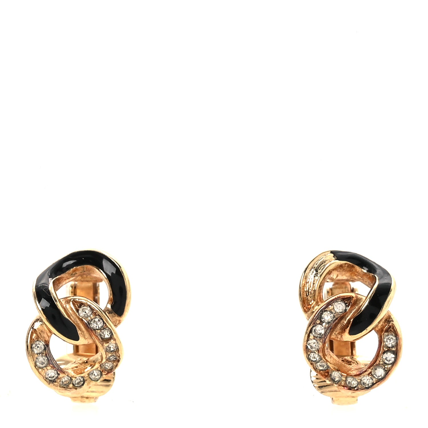 Christian Dior Crystal Enamel Chain Link Clip On Earrings Gold Black 1 of 5