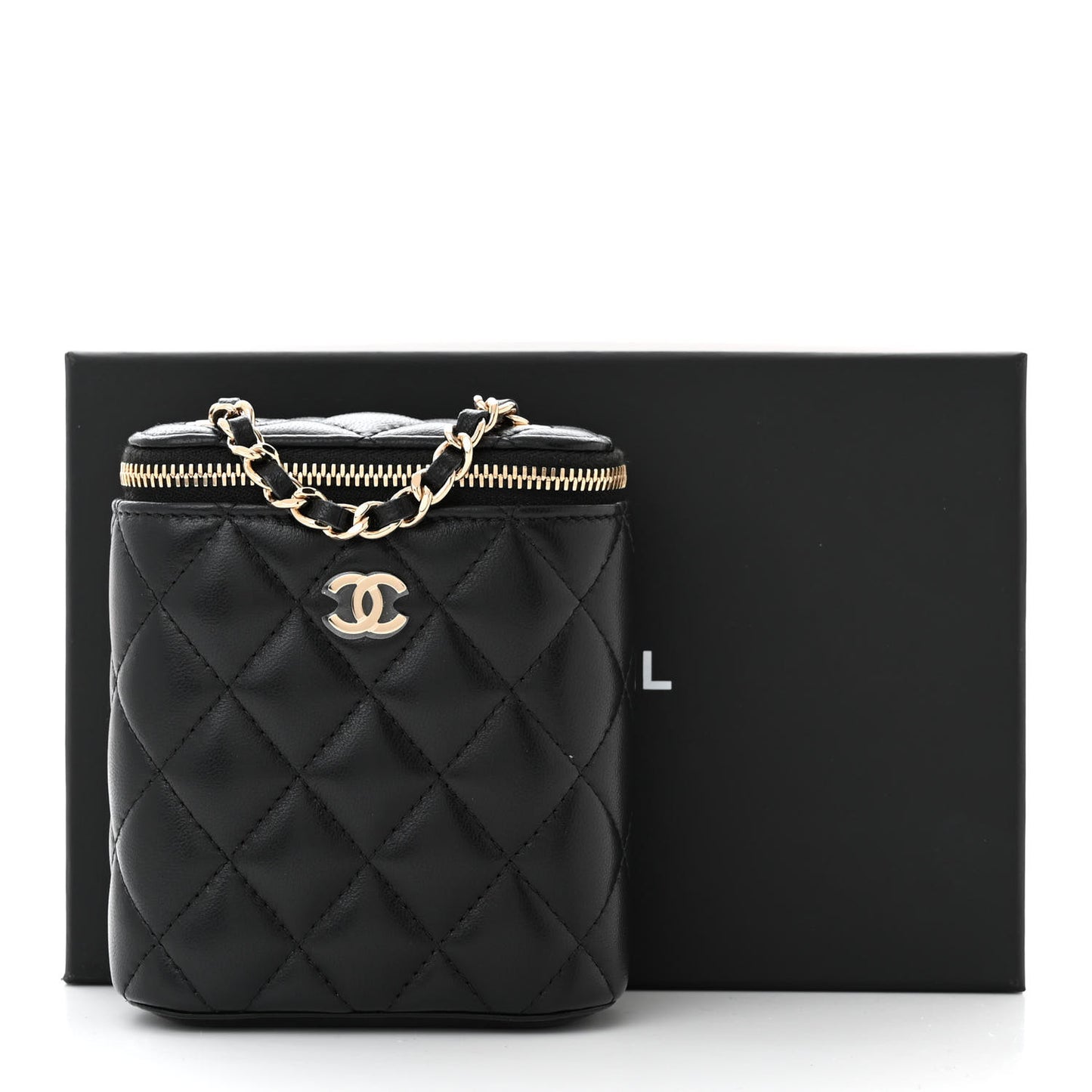 Lambskin Quilted Small Vertical Coco Beauty Vanity Case With Chain Black