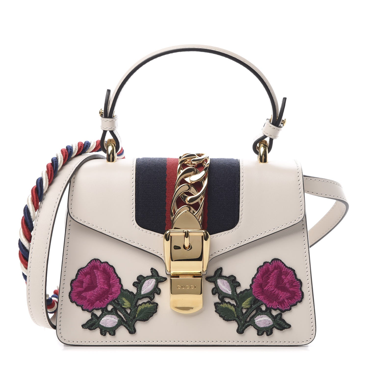 Gucci Calfskin Embroidered Mini Sylvie Top Handle Bag White 1 of 14