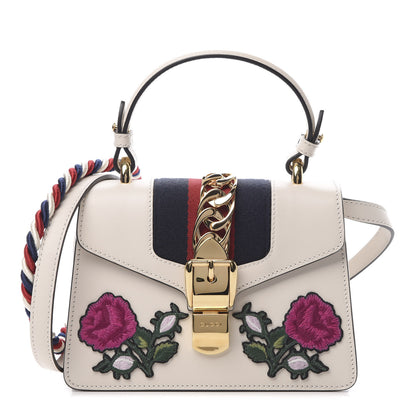Gucci Calfskin Embroidered Mini Sylvie Top Handle Bag White 1 of 14