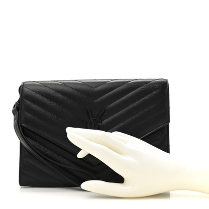 Saint Laurent Grain De Poudre Matelasse Chevron Monogram Monochrome Envelope Clutch Black 2 of 7
