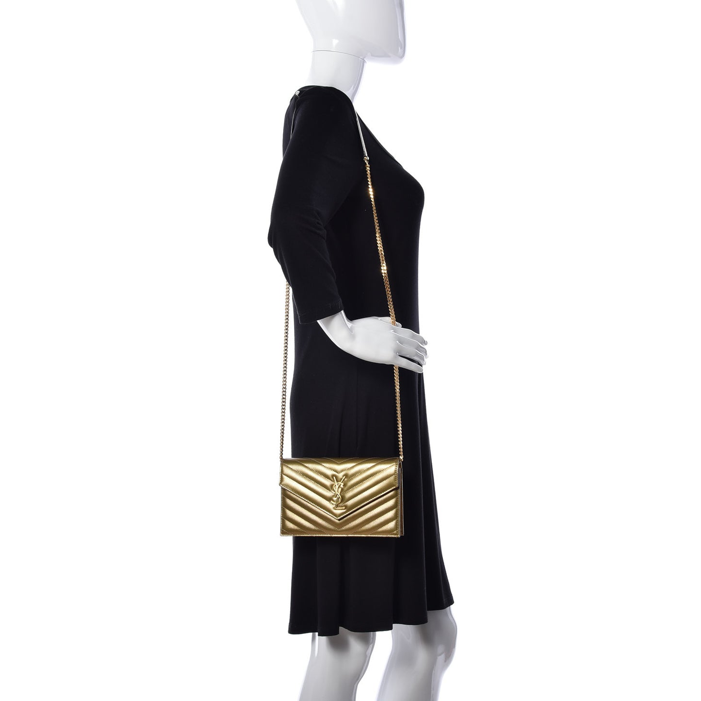 Metallic Calfskin Matelasse Chevron Monogram Envelope Chain Wallet Gold