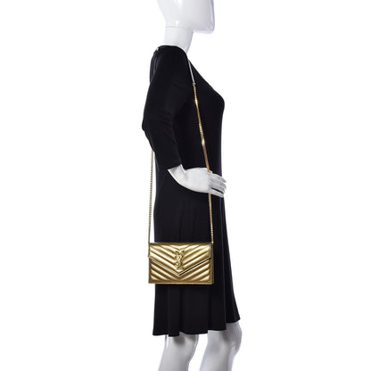Saint Laurent Metallic Calfskin Matelasse Chevron Monogram Envelope Chain Wallet Gold 2 of 10