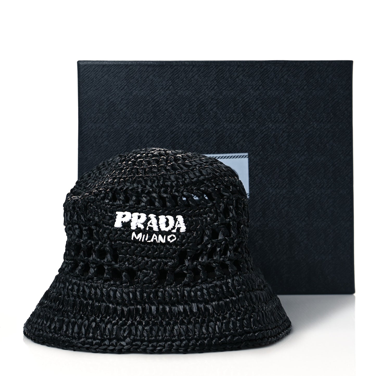 Yarn Raffia Effect Crochet Logo Embroidered Womens Bucket Hat M Black