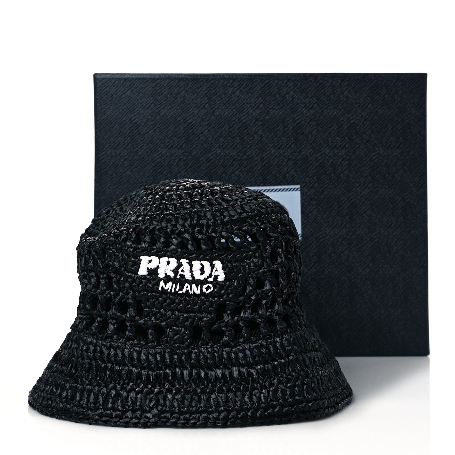 Prada Yarn Raffia Effect Crochet Logo Embroidered Womens Bucket Hat M Black 8 of 8