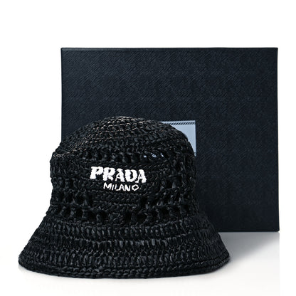 Prada Yarn Raffia Effect Crochet Logo Embroidered Womens Bucket Hat M Black 8 of 8