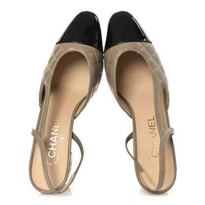 Chanel Lambskin Patent Calfskin Quilted Cap Toe CC Slingback Pumps 37.5 Beige Black 6 of 36