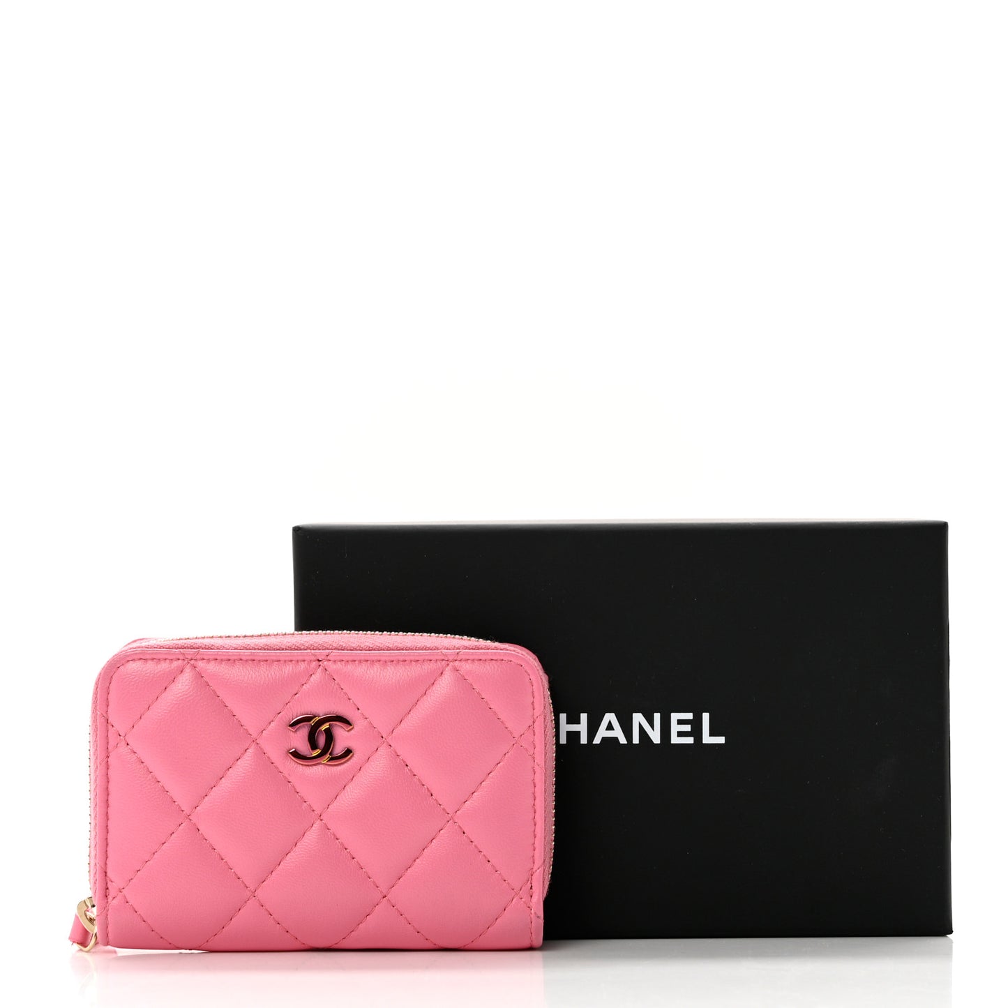 Lambskin Quilted Zip Around Coin Purse Wallet Pink Yellow